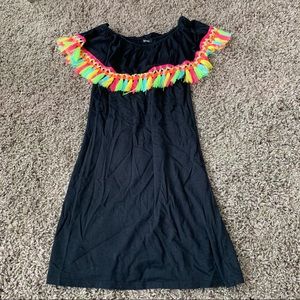 Boohoo off the shoulder dress with rainbow fringe
